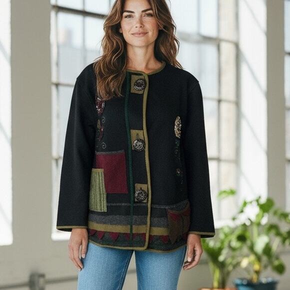 Parsley & Sage Sweater Jacket Womens S Black Multi Wool Patchwork Artful Cottage - Picture 1 of 16